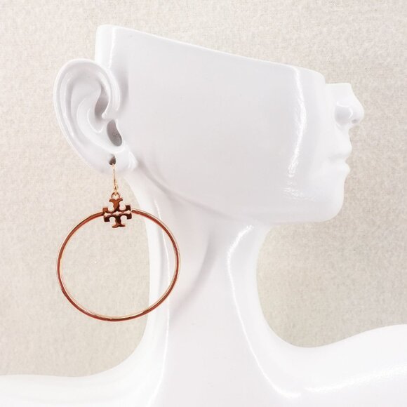 Tory Burch Stacked T Logo Hoop Earrings Rose Gold OS - Picture 3 of 9